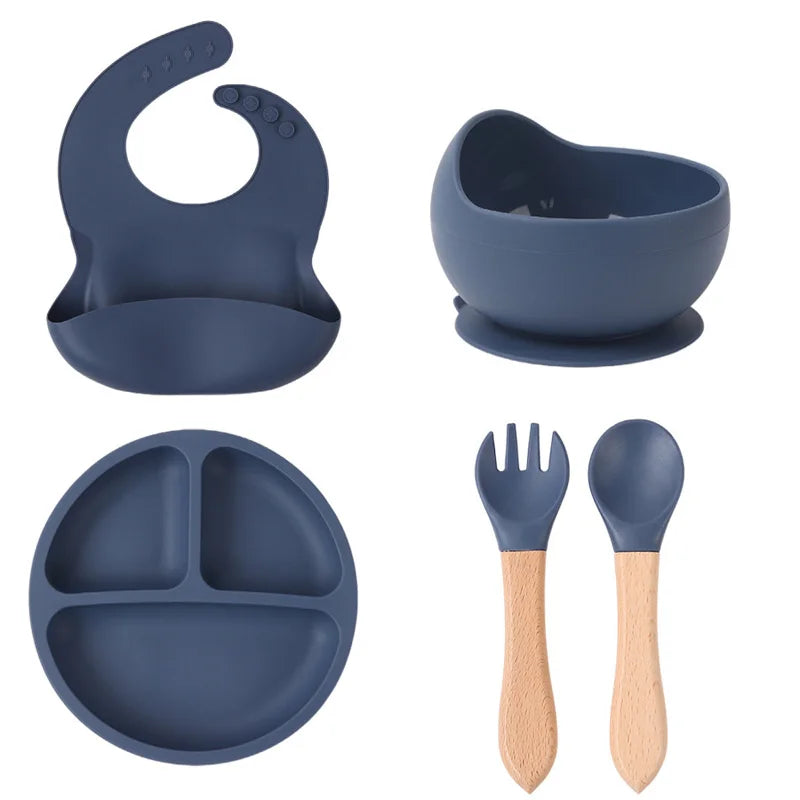 Children's silicone tableware set Baby Complementary Food Training 1/2/3/5PCS Set Sucker Bowl Bib Cup Fork Spoon Set Maternal